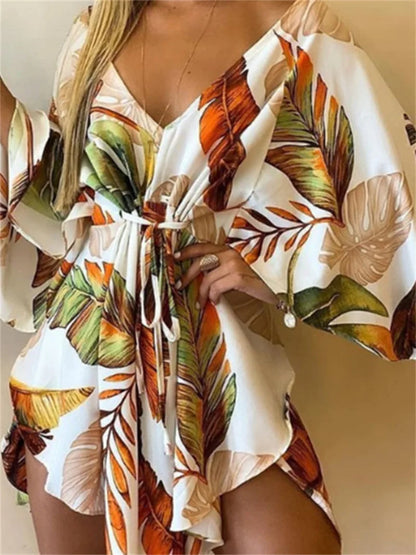 Boho Print Mini Dress or Beach Cover-Up in 12 different Prints, V-Neck, Bat Sleeves, Short Angular Hem, Gathered Waist