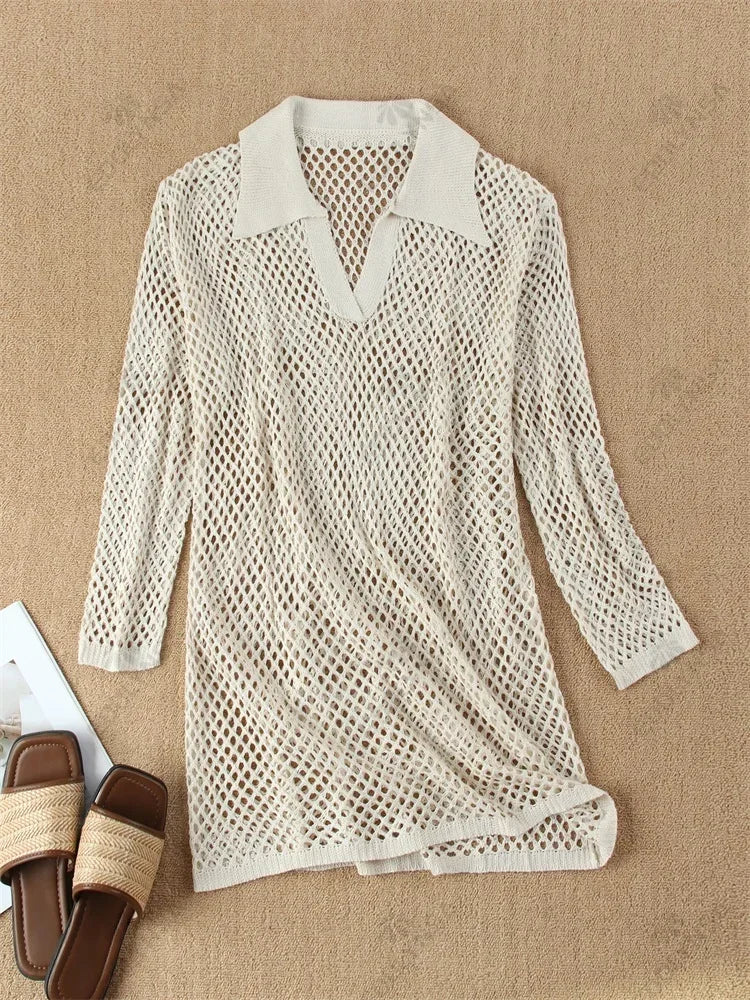 Solid Color Beach Knit Mini Dress, Long Sleeve Swimsuit Cover Up, Boho Holiday Loose Overwear
