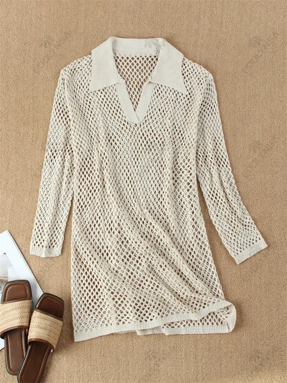 Solid Color Beach Knit Mini Dress, Long Sleeve Swimsuit Cover Up, Boho Holiday Loose Overwear