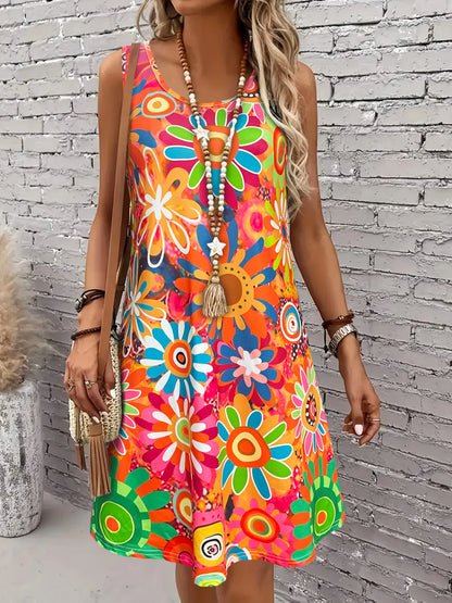 Sizes to 2XL, Vibrant Boho Floral Print. Sleeveless. Tank Top Dress