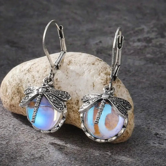 Vintage Dragonfly and Moon Drop Hanging Earrings Various Color Moon Drops