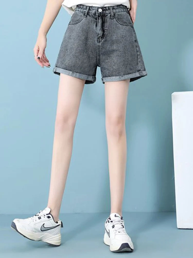 Rolled Edge Denim Shorts Blue Black Gray A-Line Short Jeans