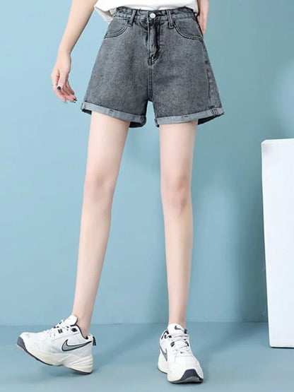 Rolled Edge Denim Shorts Blue Black Gray A-Line Short Jeans