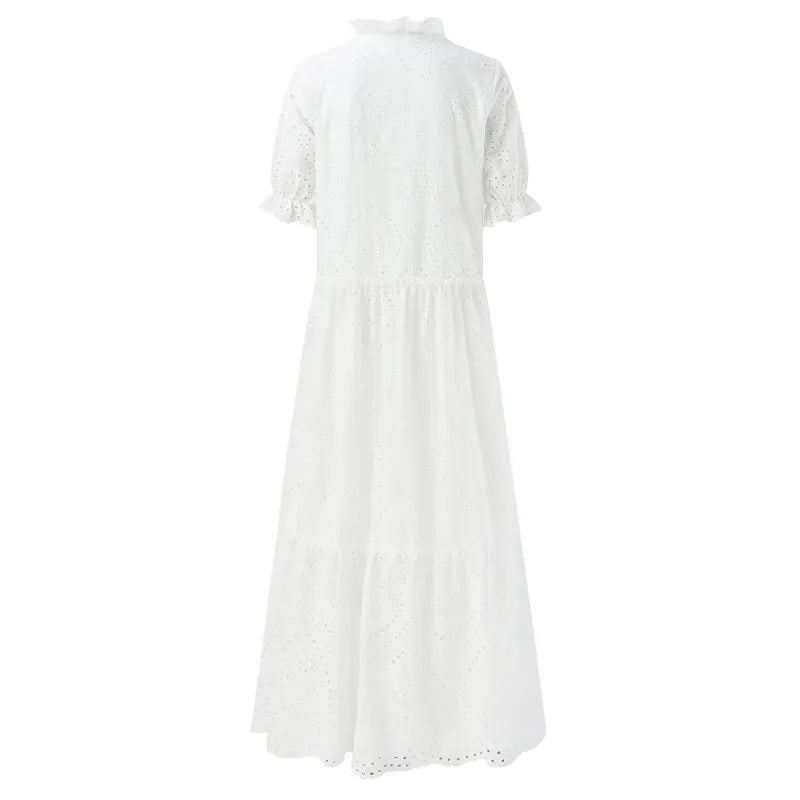 Sizes to 2XL, Bohemian, White Cotton Casual Dress, Loose, Tatting on Dress and Sleeves, V-Neck with Tie Cord