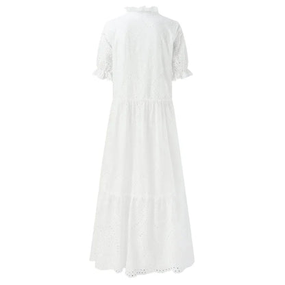 Sizes to 2XL, Bohemian, White Cotton Casual Dress, Loose, Tatting on Dress and Sleeves, V-Neck with Tie Cord