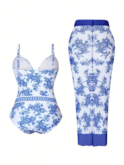Sizes to 3XL:  Vintage Print One Piece Swimsuit Push Up Swimwear with Mesh Cover Up