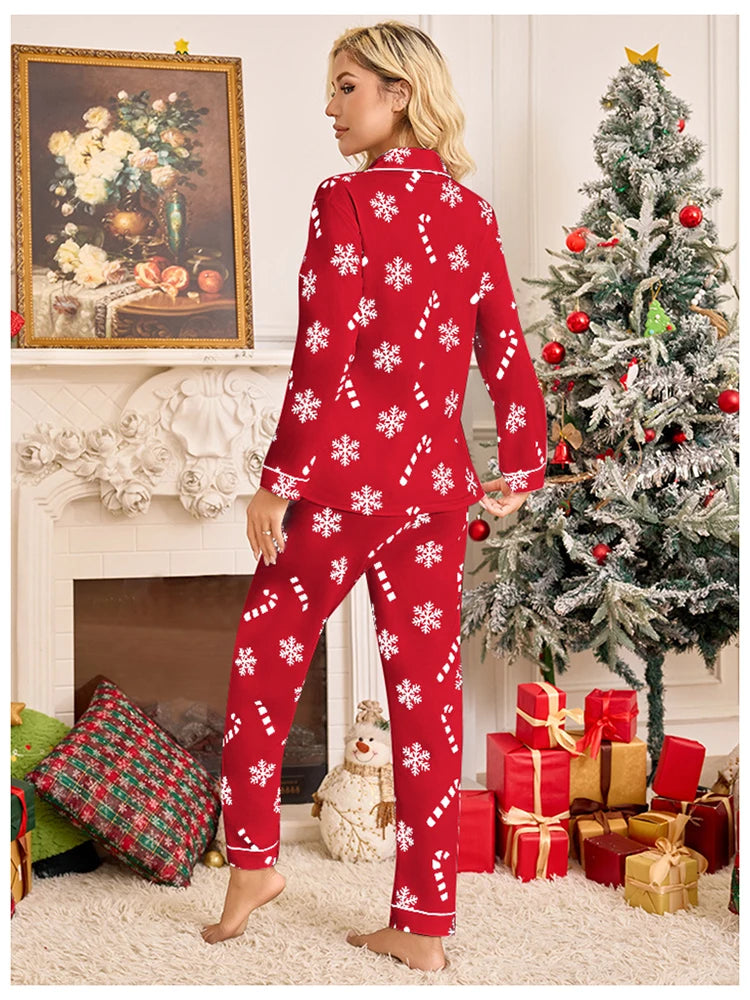 Christmas Long Sleeved Long Pants Snowflake Print Pajamas in Red, Green, White