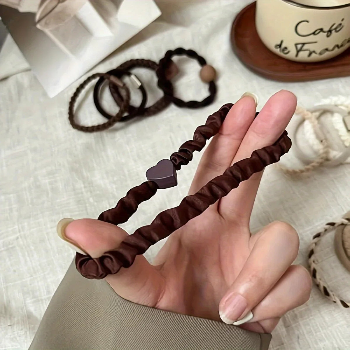 Boho Chic Women's Hair Ties Set - Cute Heart Charm & Bead Elastic Headbands for All Hair Types
