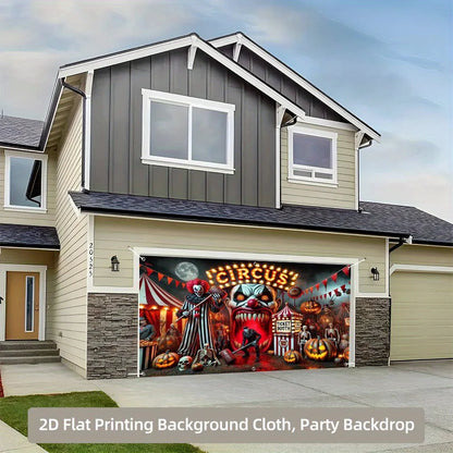 Graphic Printed Heavy Cloth Backdrop, Horror Clown Circus Scene, Polyester Garage Door Backdrop, Washable and Reusable