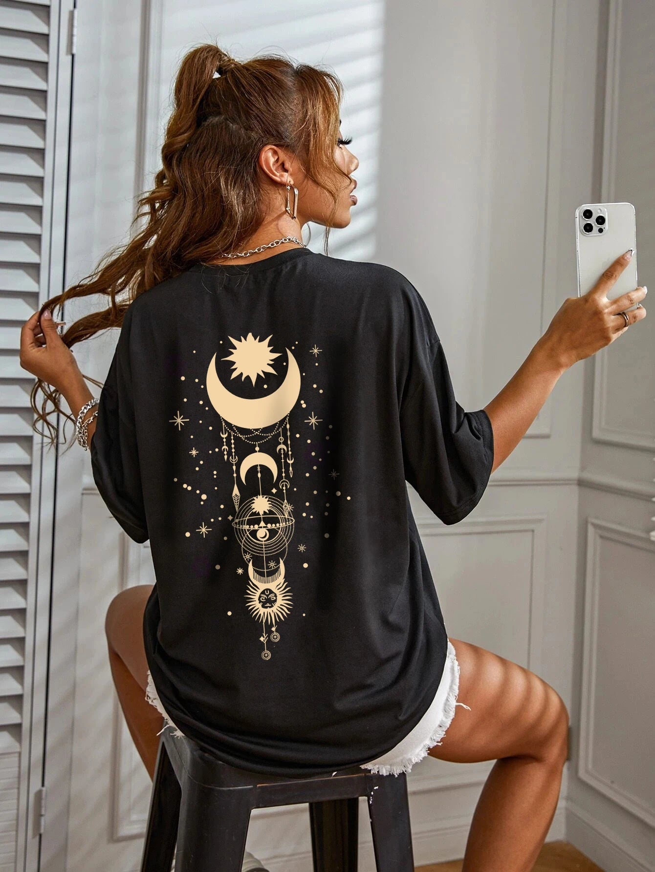 Sun Moon Stars Rain T-shirt Simple Round Neck Short Sleeve Loose T-shirt