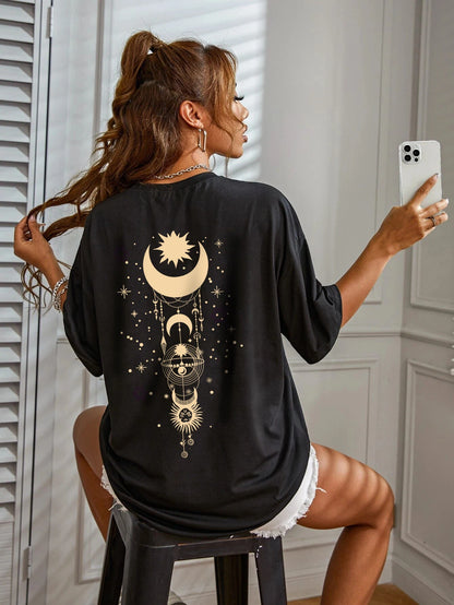 Sun Moon Stars Rain T-shirt Simple Round Neck Short Sleeve Loose T-shirt