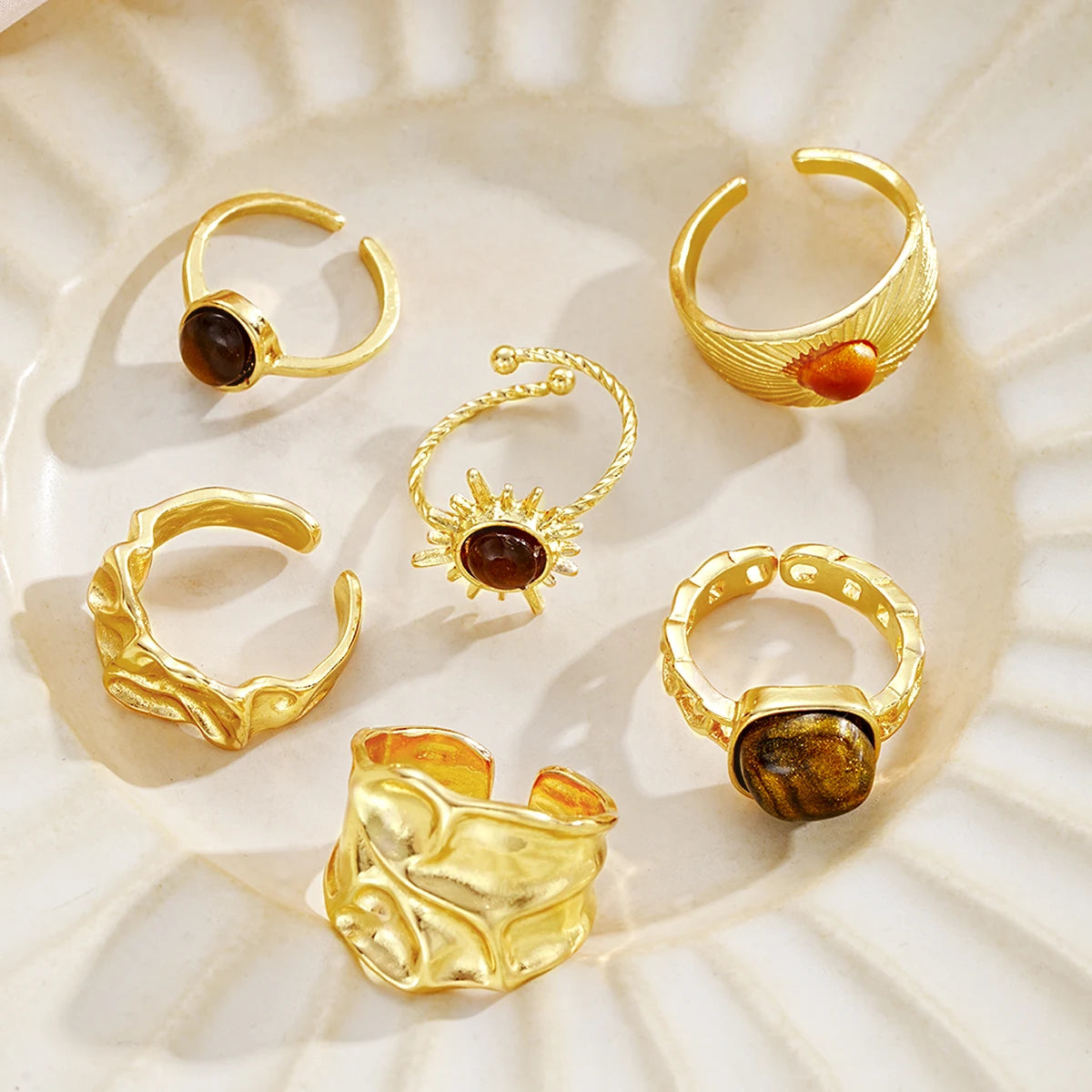 6pcs Boho Sunflower Tiger Eye Stone Ring Set, Open for Adjustable Sizing