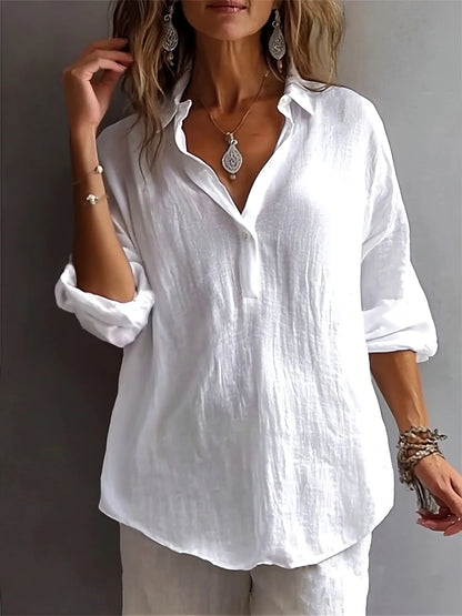 Sizes to 2XL Women's loose linen cotton blend Half -0pen collar casual pullover shirt