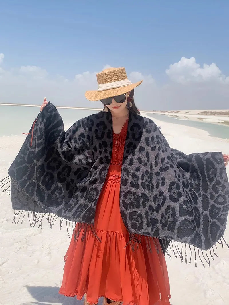 Vintage Boho Leopard Print Soft Over-the-Head Cloaks With Tassels