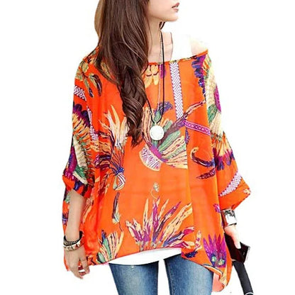 50 patterns to choose from, Plus Size, Boho Batwing Casual Sheer Chiffon Summer Top