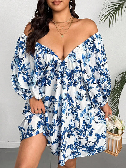 Sizes to 4XL  V-Neck Front and Back, Romantic Floral Print, Wear on or off the Shoulders, 3/4 Puff Sleeves