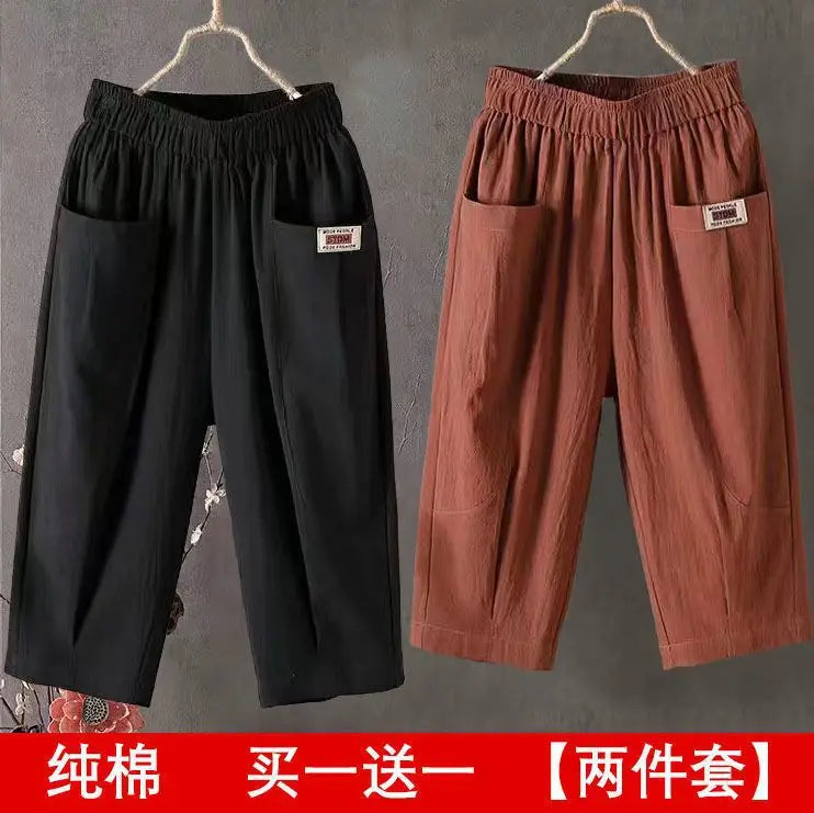 Cotton Linen Cropped 3/4 Length Pants, Loose, Linen with Elastic Waist and Pockets