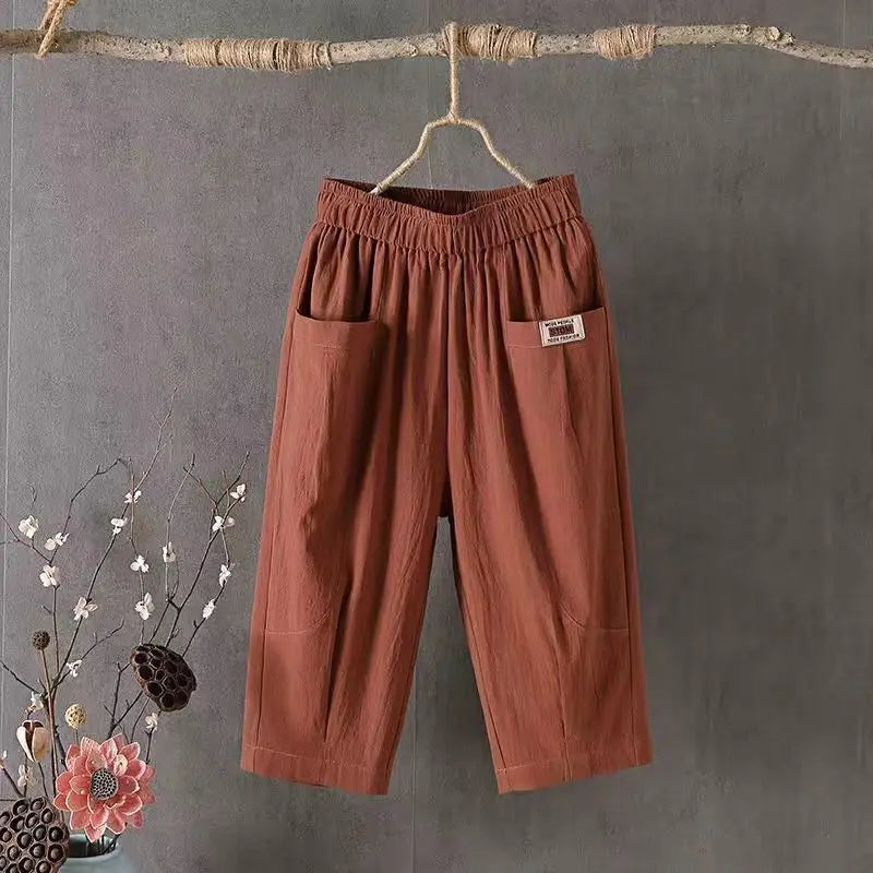 Cotton Linen Cropped 3/4 Length Pants, Loose, Linen with Elastic Waist and Pockets