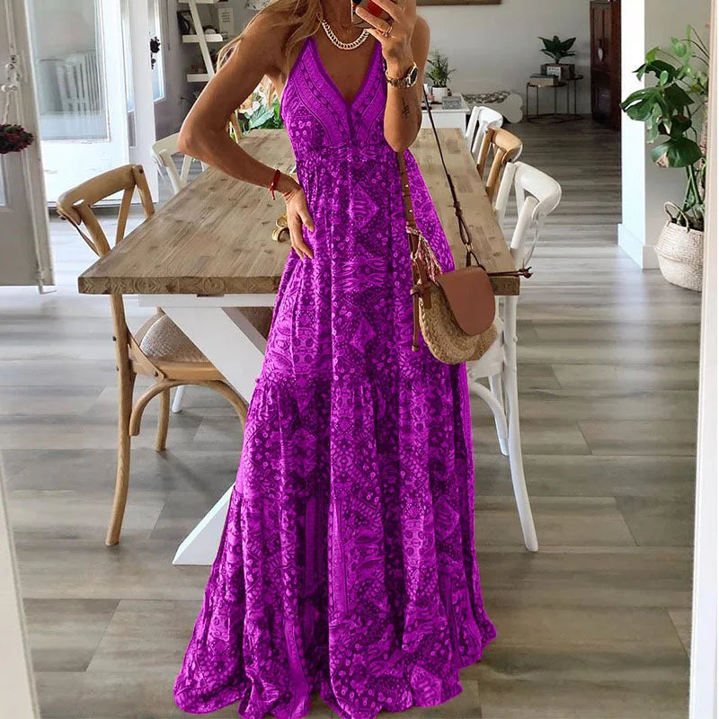 Boho Long Dress V-Neck High Waist Floral Print Maxi Gown European And American New Style Strapless Dress
