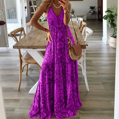 Boho Long Dress V-Neck High Waist Floral Print Maxi Gown European And American New Style Strapless Dress