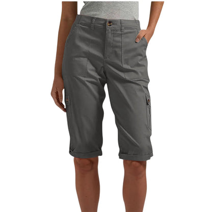 Women's long capri cargo shorts,  Button and Zipper Closure, 6 Colors in Sizes to 2XL
