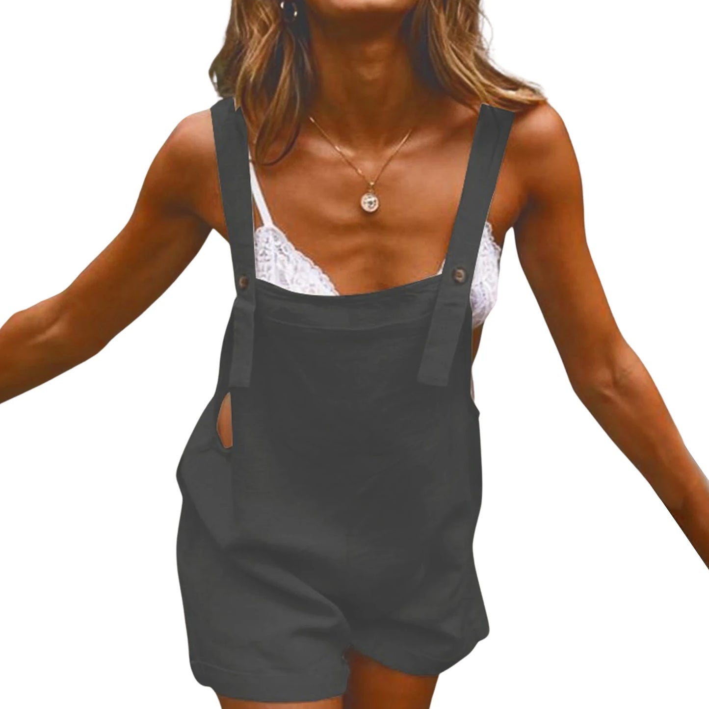 Women's New Sleeveless Square Collar Black White And Military Green Button Fashion Casual Suspender Shorts