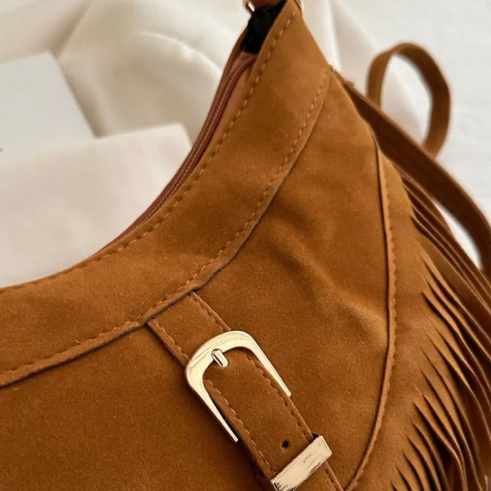 Bohemian Suede Leather Under-Arm Zipper, Tassels, Shoulder Bag, Solid Color PU Leather, Black, Grey, Coffee, and Light Brown
