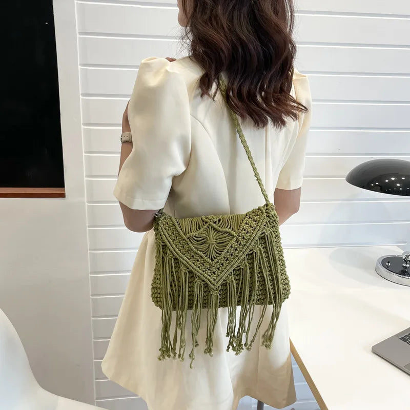 Cotton Woven Crossbody Bags  Small Tassel Handbag Messenger Bags