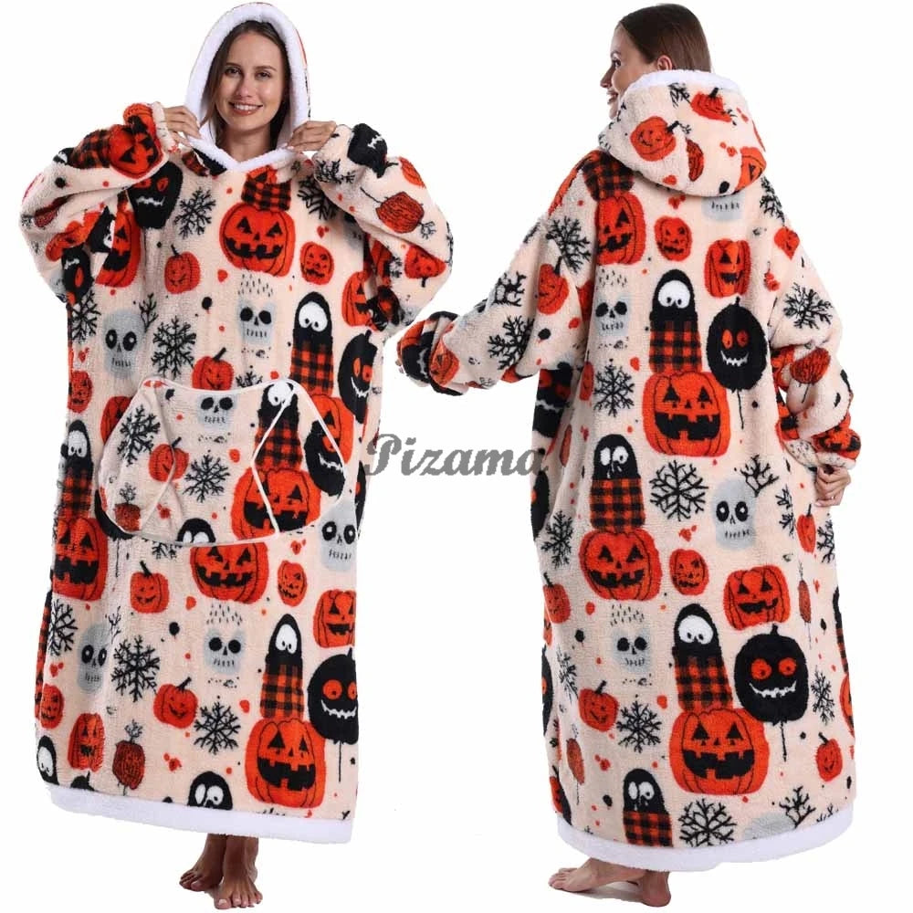 Super Long Flannel Pullover Night Shirt with Pocket and Hood, Super Snuggly for Men and Women, 12 Different Prints