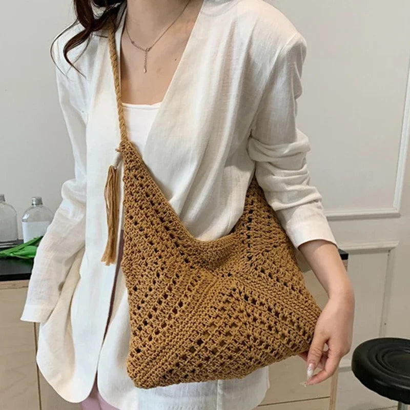 Boho Crochet Shoulder Bag with Tassels