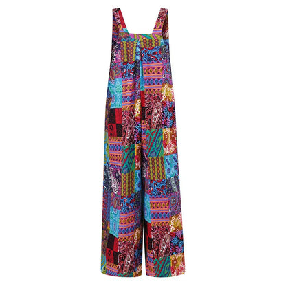 Sizes to 5XL!!!  Captivating Boho Overalls, Multicolor, Square Neck, Sleeveless Casual Jumpsuit with Pockets