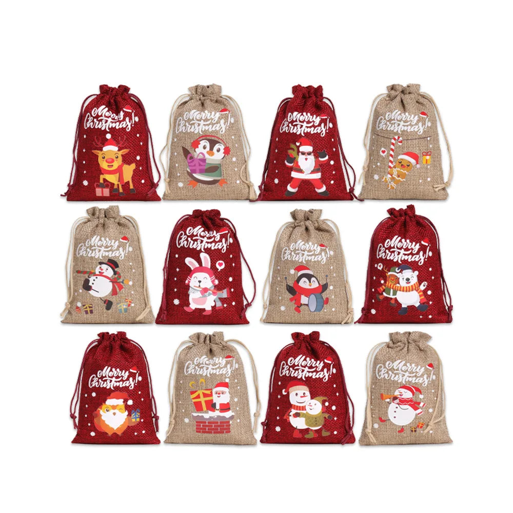Christmas Drawstring Burlap Gift Bags, 12-Pack, 2 Colors