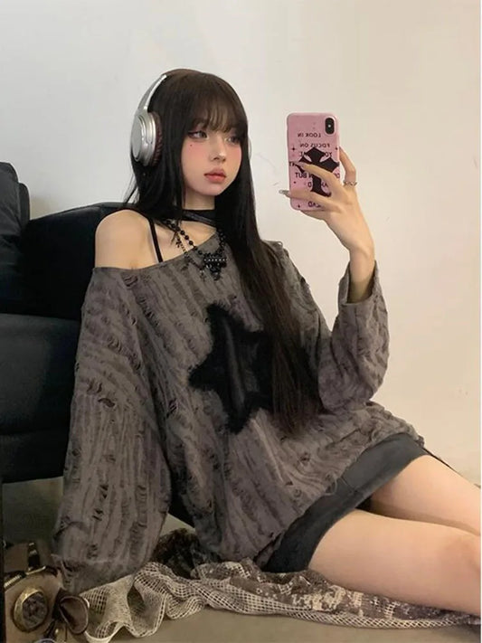 Thin T-Shirt with Oversized Neck, Drawstring Bottom, Long Sleeve, Long length, Baggy