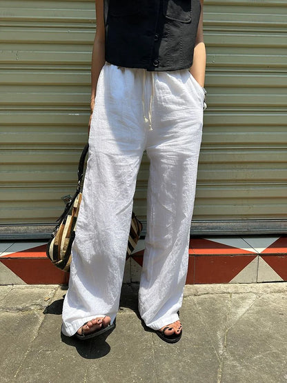 Up to 4XL in Navy, Wheat, White, and Black Wide Leg Pants.  Cotton with Elastic and Tie Waist.