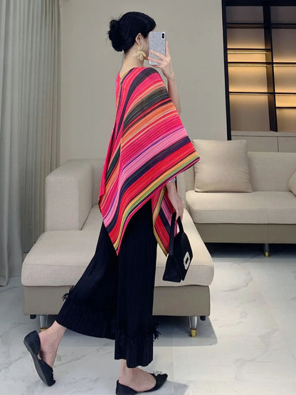 Pleated Striped Shawl, Fashionable Striped, Casual Outerwear, Versatile, Bat Sleeve Cape