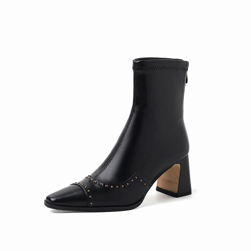 Rivetted Boots with Square Toes and Chunky Heels. Over the Ankle Stretch Tops