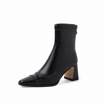 Rivetted Boots with Square Toes and Chunky Heels. Over the Ankle Stretch Tops
