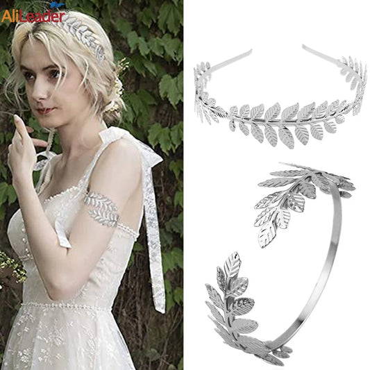 Greek Goddess Headband & Arm Bands Set For Women Laurel Wreath Crown Golden Leaf Headband For Roman Greek Accessories Cosplay