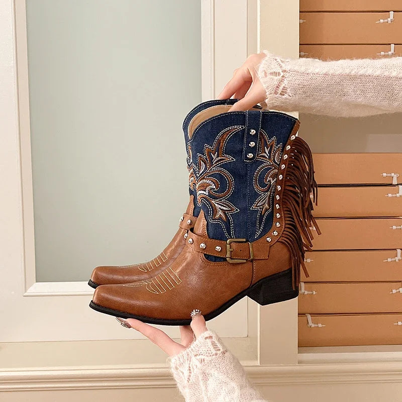 Vintage Western Cowboy Boots, Embroidered, Tassels, Studded, Block Heel, Versatile
