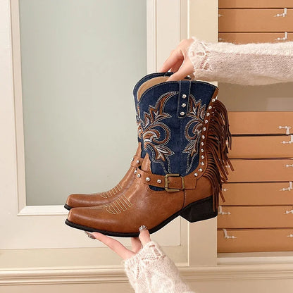 Vintage Western Cowboy Boots, Embroidered, Tassels, Studded, Block Heel, Versatile