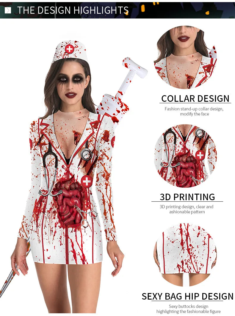 Bloody Nurse Cosplay Costume Dress Long Sleeves Sexy Tight Nurse Uniform and Skeleton Uniform.  Plus others