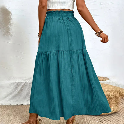 Bohemian Midi Skirt, High Waisted, Solid Colors, Casual with Side Slit, 3 Colors