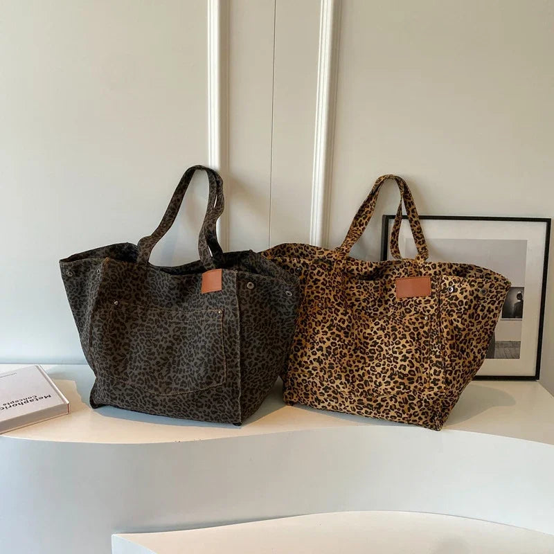 Leopard Pattern Tote Bag Vintage Canvas Shoulder Bag Big Capacity Handbag