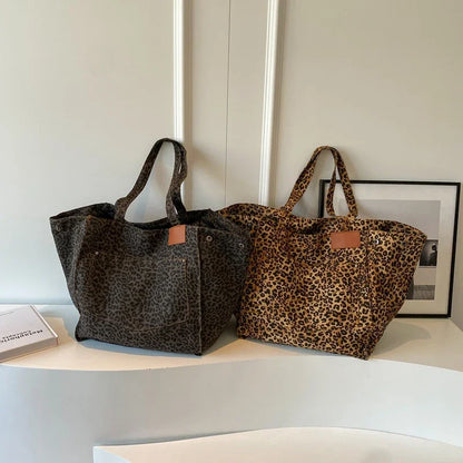 Leopard Pattern Tote Bag Vintage Canvas Shoulder Bag Big Capacity Handbag