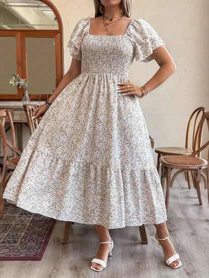 Boho Floral Print, Sizes to 4XL, Square Neck, High Elastic Waist, A-Line Short Bell Sleeves, Elastic Top, Midi Dress