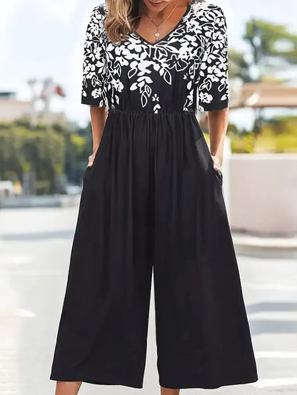 Plus Size 1XL-5XL  Short Sleeve Printed Jumpsuit, V-Neck, Pockets, Floral Print on Top
