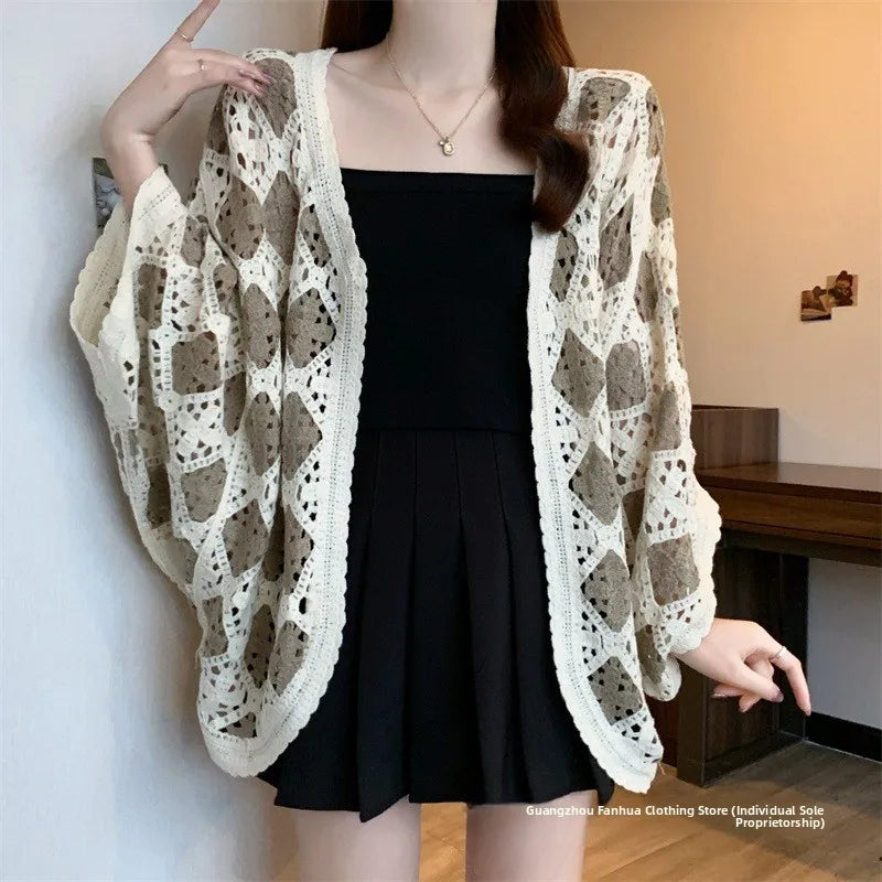 Bohemian Style Hollowed-out Long Sleeve Light Weight Sweater with V Neck and Batwing Sleeves