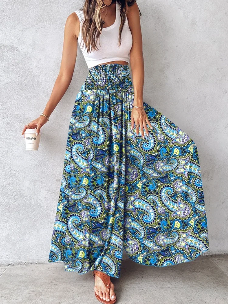 Women's,Cool Countryside Style Printed Wide Leg Pants Wide Elastic Band Waist