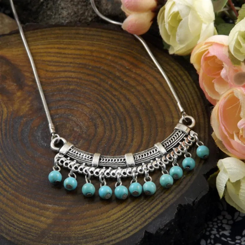 Retro Ethnic Blue Turquoise Bead Tassel Necklace Simple and Versatile Collarbone Chain Tibetan Jewelry