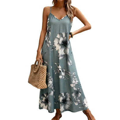 Boho Sizes to 5XL  Floral Print, Spaghetti Straps, Loose Maxi Dress with a Flared skirt